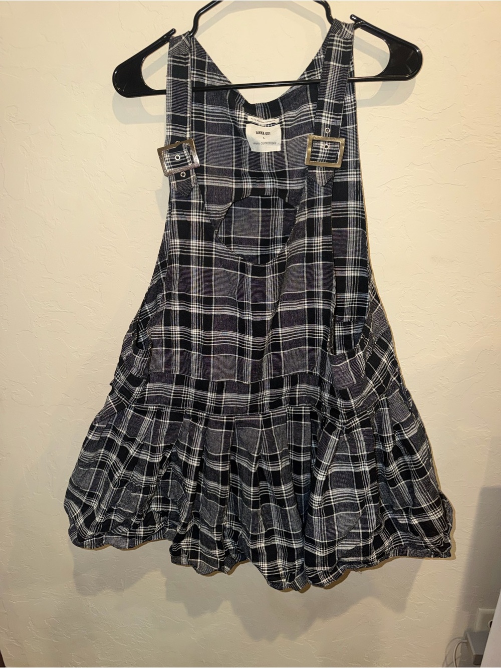 Anna Sui & Urban Outfitters Plaid Buckle Pocket Romper XL Black White